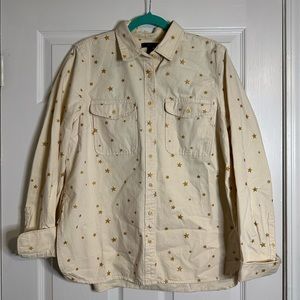 J Crew Cream Gold Stars Button Down Top with Front Pockets Sz L